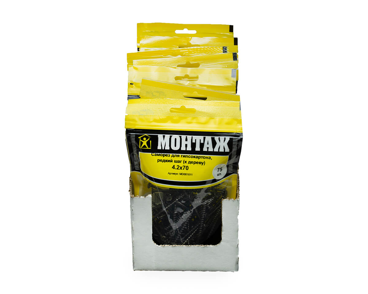 Саморез для гипсокартона 4.2x70, редкий шаг (к дереву), фосфат, дой-пак M, МОНТАЖ (пакет/75шт)