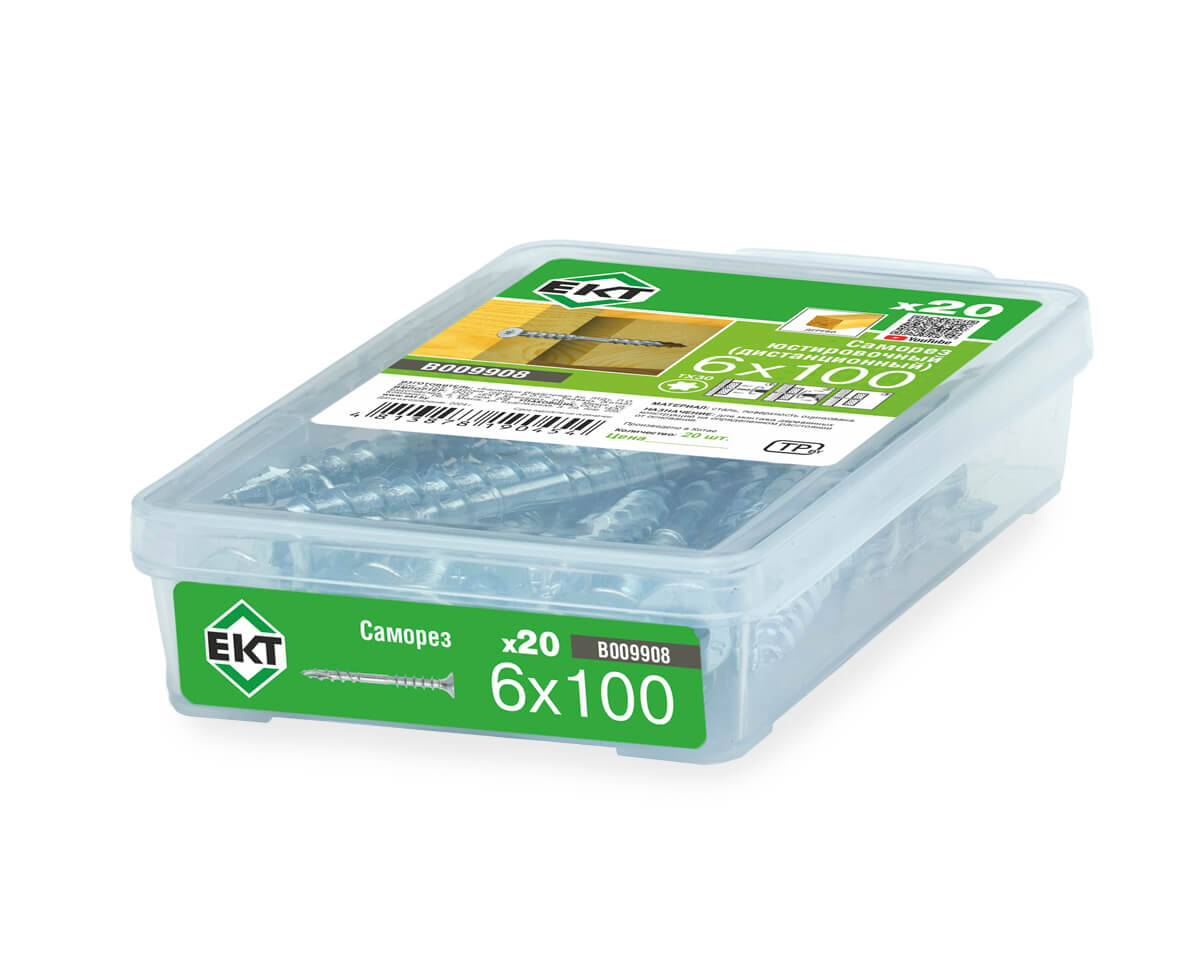 Саморез юстировочный (дистанционный) 6.0x100, потай, оцинк, в пласт. контейнере, ЕКТ (упак/20шт)