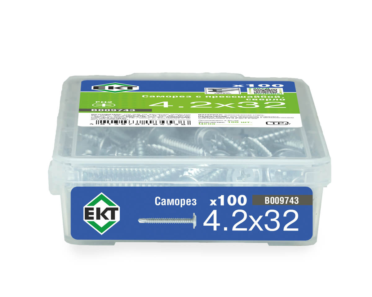Саморез с прессшайбой, 4.2x32 сверло, цинк,в пласт.контейнере, ЕКТ (упак/100шт)