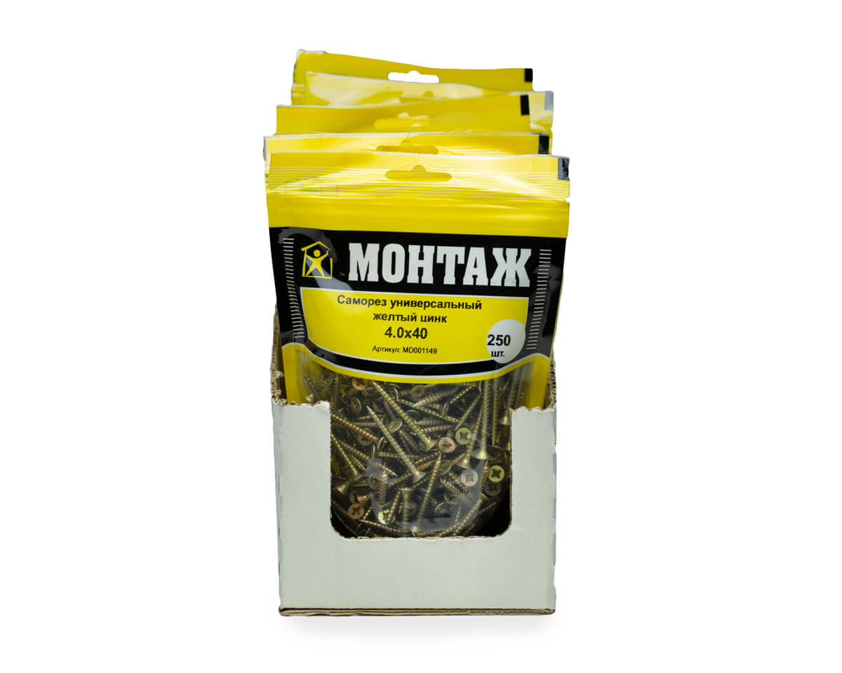 Саморез универсальный 4.0x40, желтый цинк, дой-пак M, МОНТАЖ (пакет/250шт)