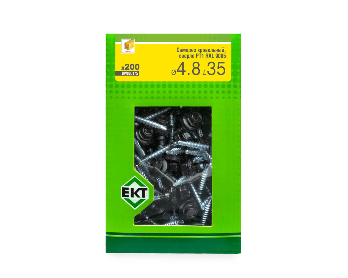 Саморез кровельный с резин. прокл. 4.8х35 сверло PT1, RAL 9005, в коробке с окном, ЕКТ (упак/200шт)