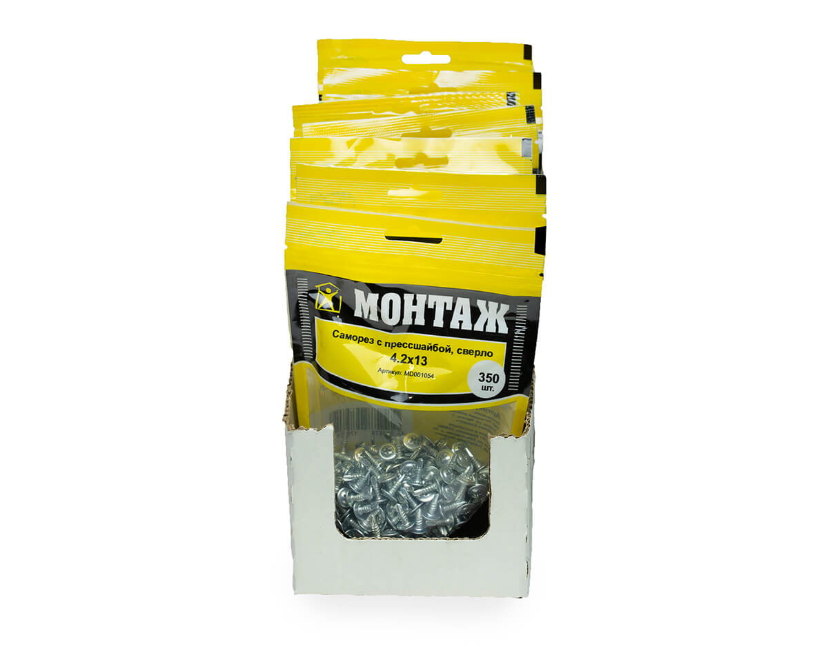 Саморез с прессшайбой 4.2x13, сверло, цинк, дой-пак M, МОНТАЖ (пакет/350шт)