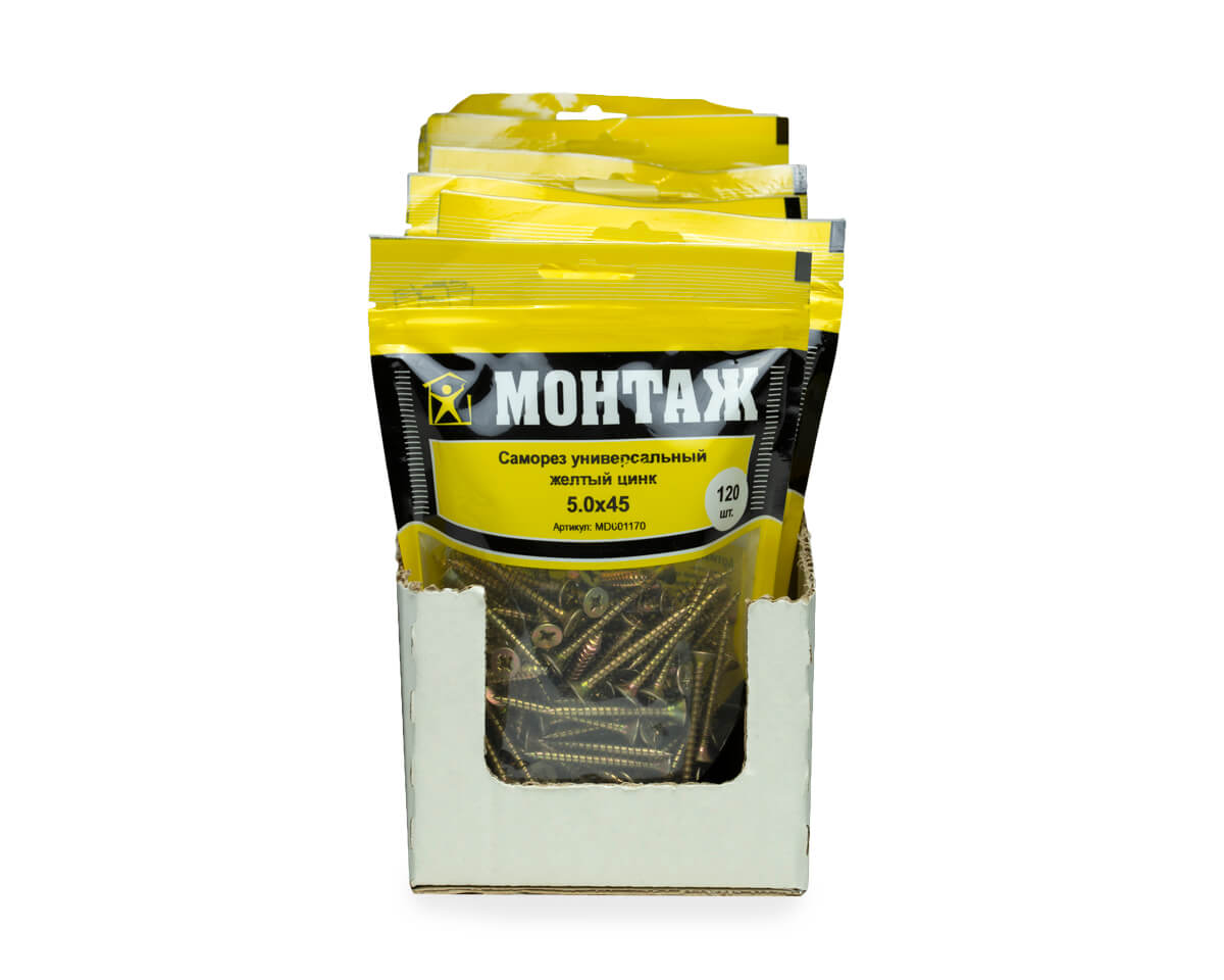 Саморез универсальный 5.0x45, желтый цинк, дой-пак M, МОНТАЖ (пакет/120шт)
