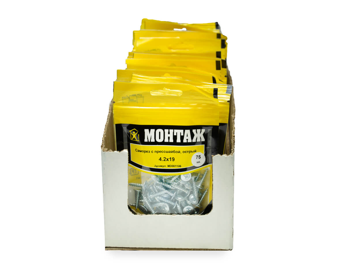 Саморез с прессшайбой 4.2x19, острый, цинк, дой-пак S, МОНТАЖ (пакет/75шт)