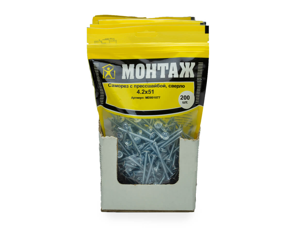 Саморез с прессшайбой 4.2x51, сверло, цинк, дой-пак L, МОНТАЖ (пакет/200шт)