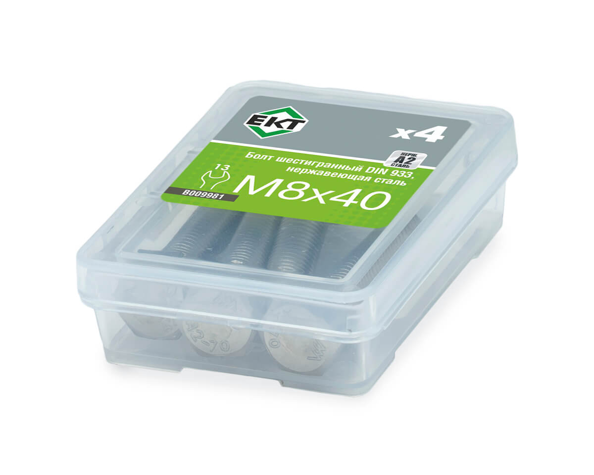 Болт с шестигранной головкой M8х40, DIN933, НЕРЖ. СТАЛЬ, ЕКТ (упак/4шт)