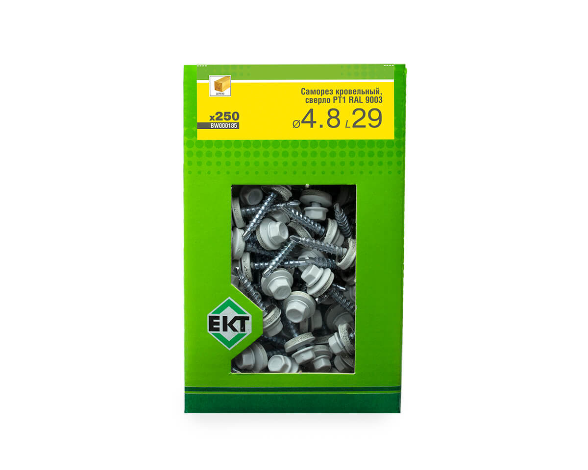 Саморез кровельный с резин. прокл. 4.8x29, сверло PT1, RAL9003, в коробке с окном, ЕКТ (упак/250шт)