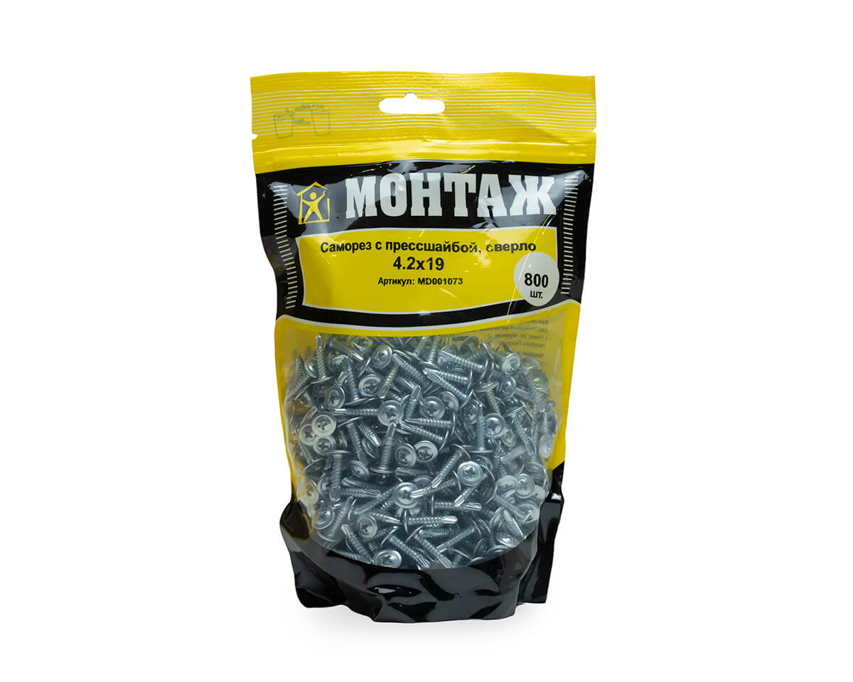 Саморез с прессшайбой 4.2x19, сверло, цинк, дой-пак L, МОНТАЖ (пакет/800шт)