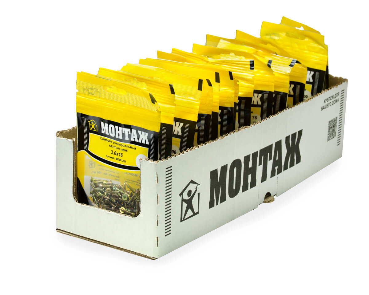 Саморез универсальный 3.0x16, желтый цинк, дой-пак S, МОНТАЖ (пакет/100шт)