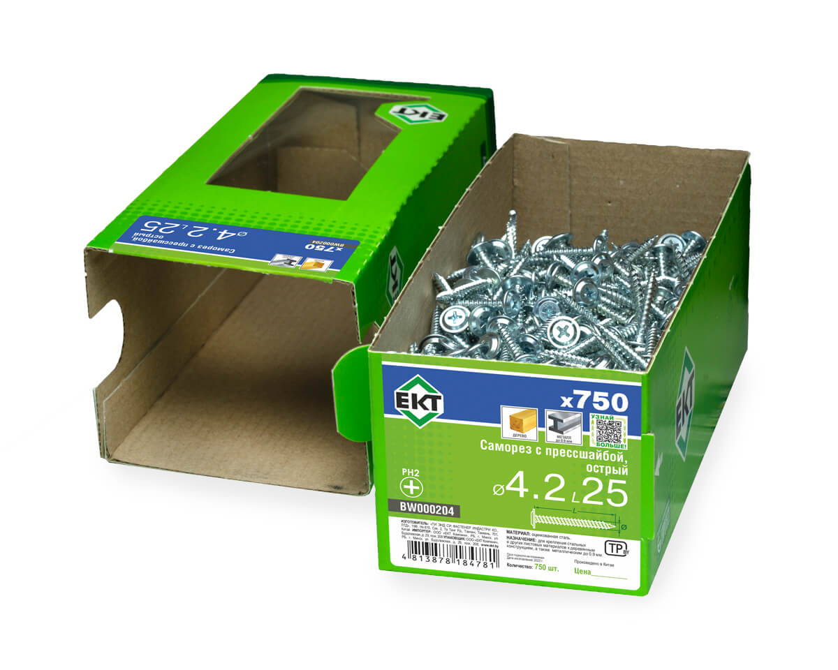 Саморез с прессшайбой, 4.2x25 острый, цинк, в коробке с окном, ЕКТ (упак/750шт)