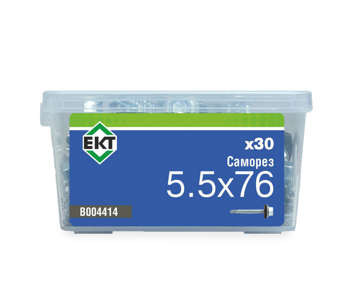 Саморез кровельный 5,5х76 сверло, цинк, с резиновой прокладкой, в пласт. контейнере (упак/30шт)