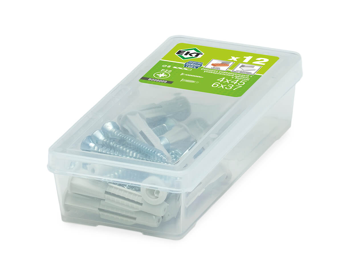 Саморез, белый цинк 4,0х45 + универсальный дюбель UKD 6х37, нейлон (упак/12шт)