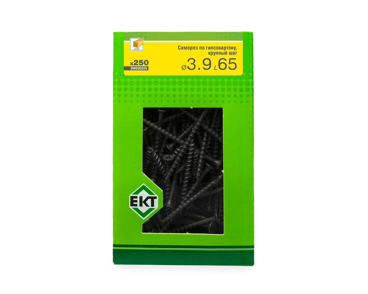 Саморез по ГК 3.9х65 крупный шаг (к дереву), фосфат., в коробке с окном, ЕКТ (упак/250шт)