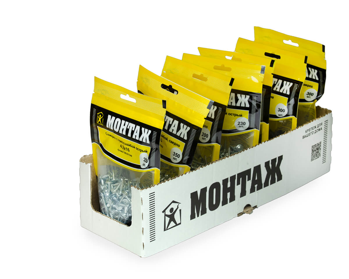 Саморез с прессшайбой 4.2x16, острый, цинк, дой-пак M, МОНТАЖ (пакет/250шт)