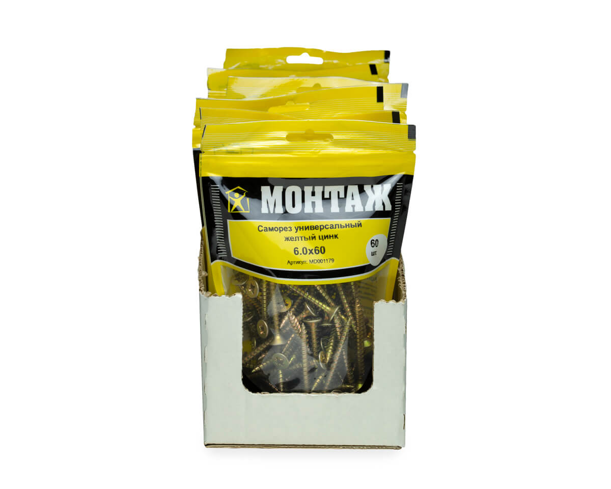 Саморез универсальный 6.0x60, желтый цинк, дой-пак M, МОНТАЖ (пакет/60шт)