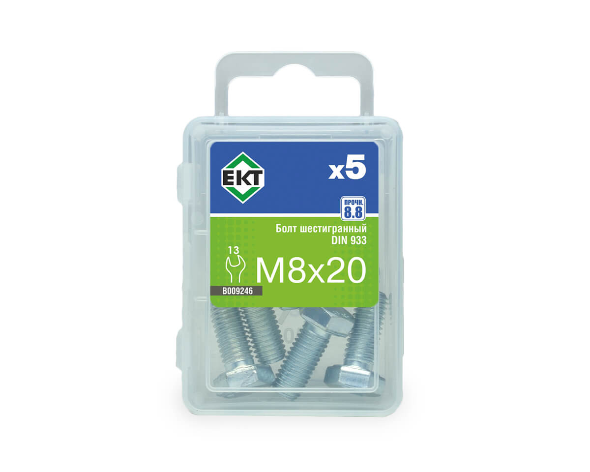 Болт шестигранный 8х 20, цинк, прочн. 8.8 DIN 933 (ГОСТ 7798-70) (упак/5шт)