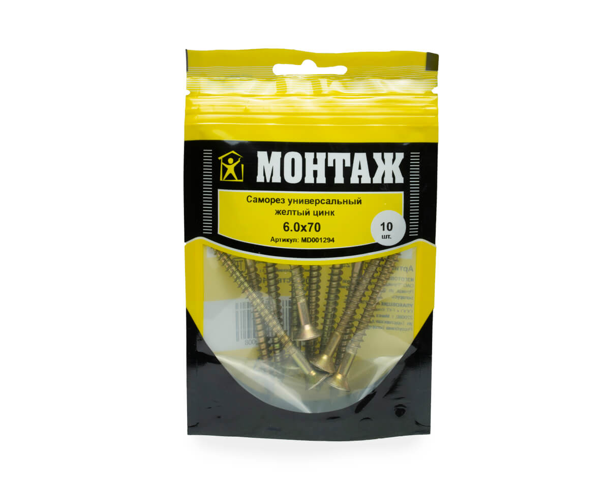 Саморез универсальный 6.0x70, желтый цинк, дой-пак S, МОНТАЖ (пакет/10шт)