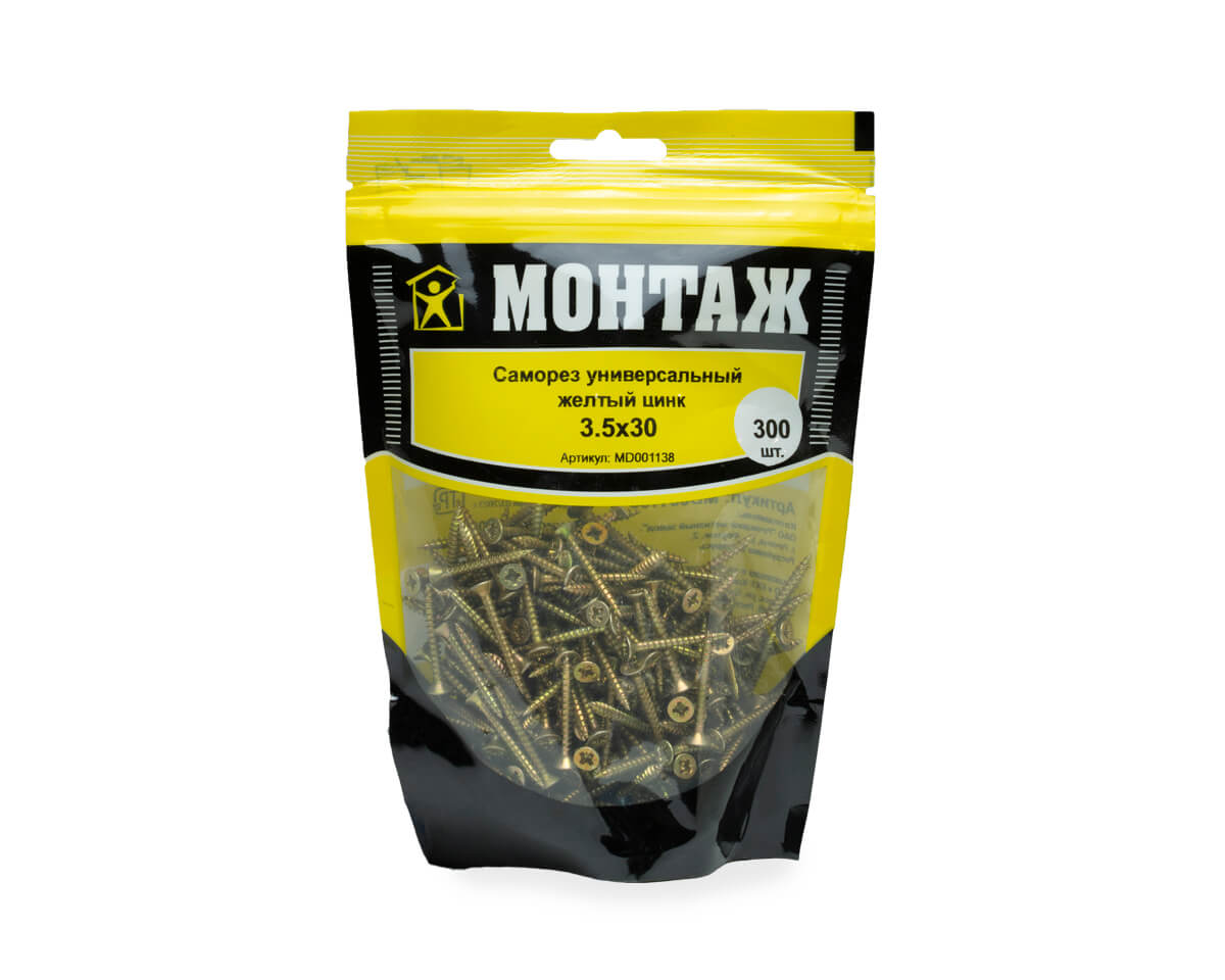 Саморез универсальный 3.5x30, желтый цинк, дой-пак M, МОНТАЖ (пакет/300шт)
