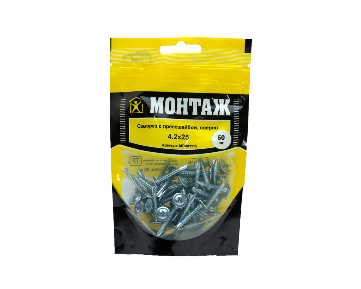 Саморез с прессшайбой 4.2x25, сверло, цинк, дой-пак S, МОНТАЖ (пакет/50шт)
