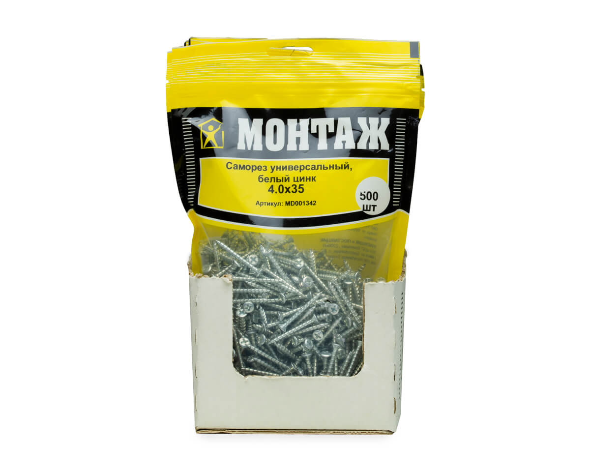 Саморез универсальный 4,0х35, белый цинк, МОНТАЖ (дой-пак L/500шт)
