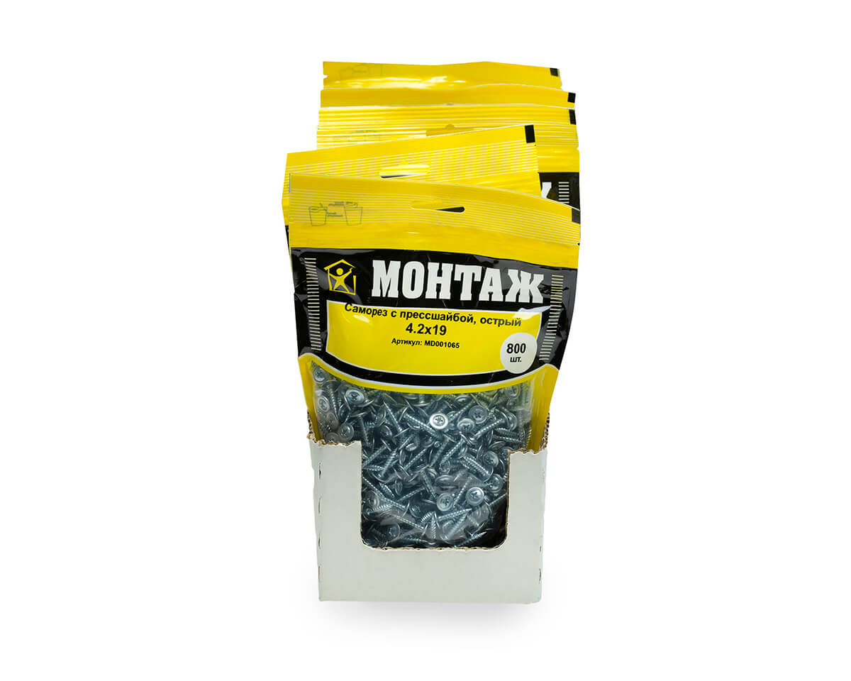 Саморез с прессшайбой 4.2x19, острый, цинк, дой-пак L, МОНТАЖ (пакет/800шт)