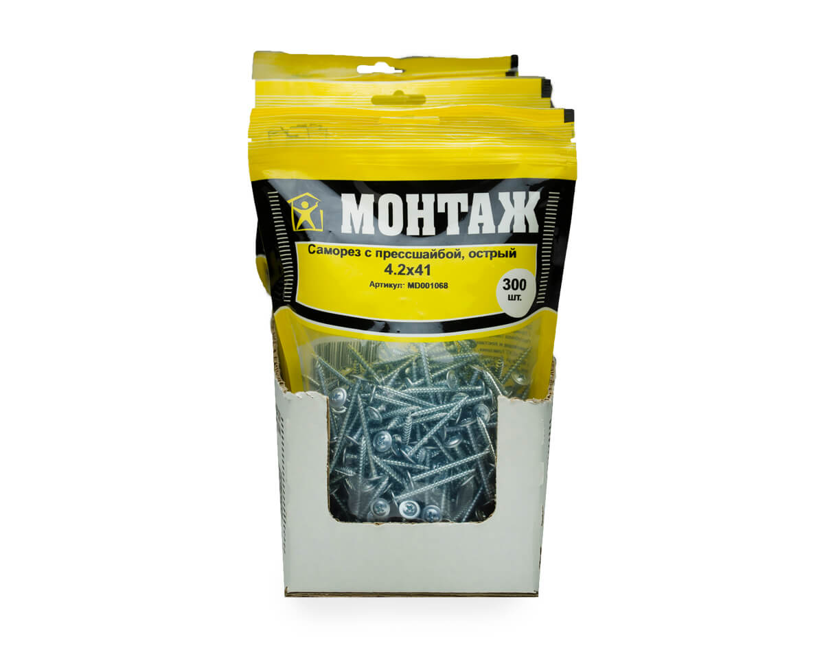 Саморез с прессшайбой 4.2x41, острый, цинк, дой-пак L, МОНТАЖ (пакет/300шт)
