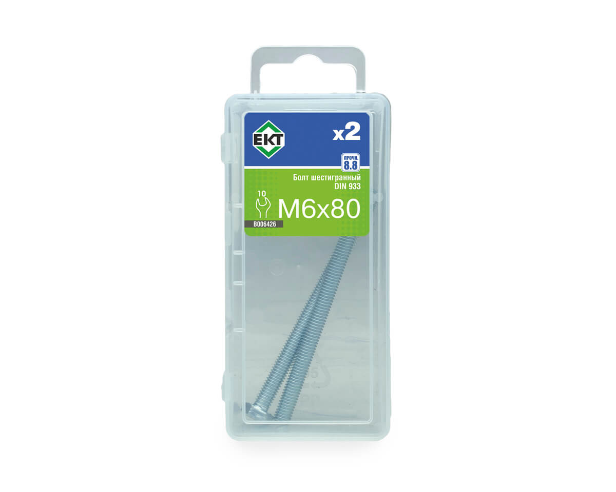Болт шестигранный 6х 80, цинк, прочн. 8.8 DIN 933 (упак/2шт)