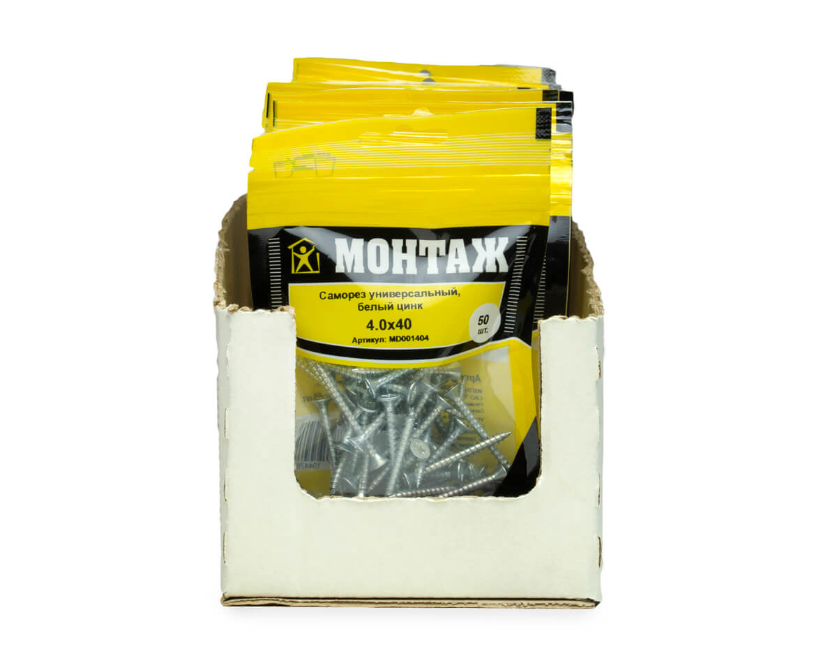 Саморез универсальный 4.0x40, белый цинк, дой-пак S, МОНТАЖ (пакет/50шт)