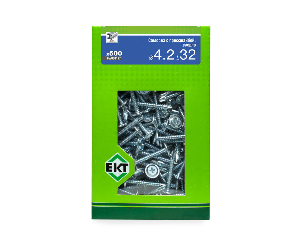 Саморез с прессшайбой, 4.2x32 сверло, цинк, в коробке с окном, ЕКТ (упак/500шт)