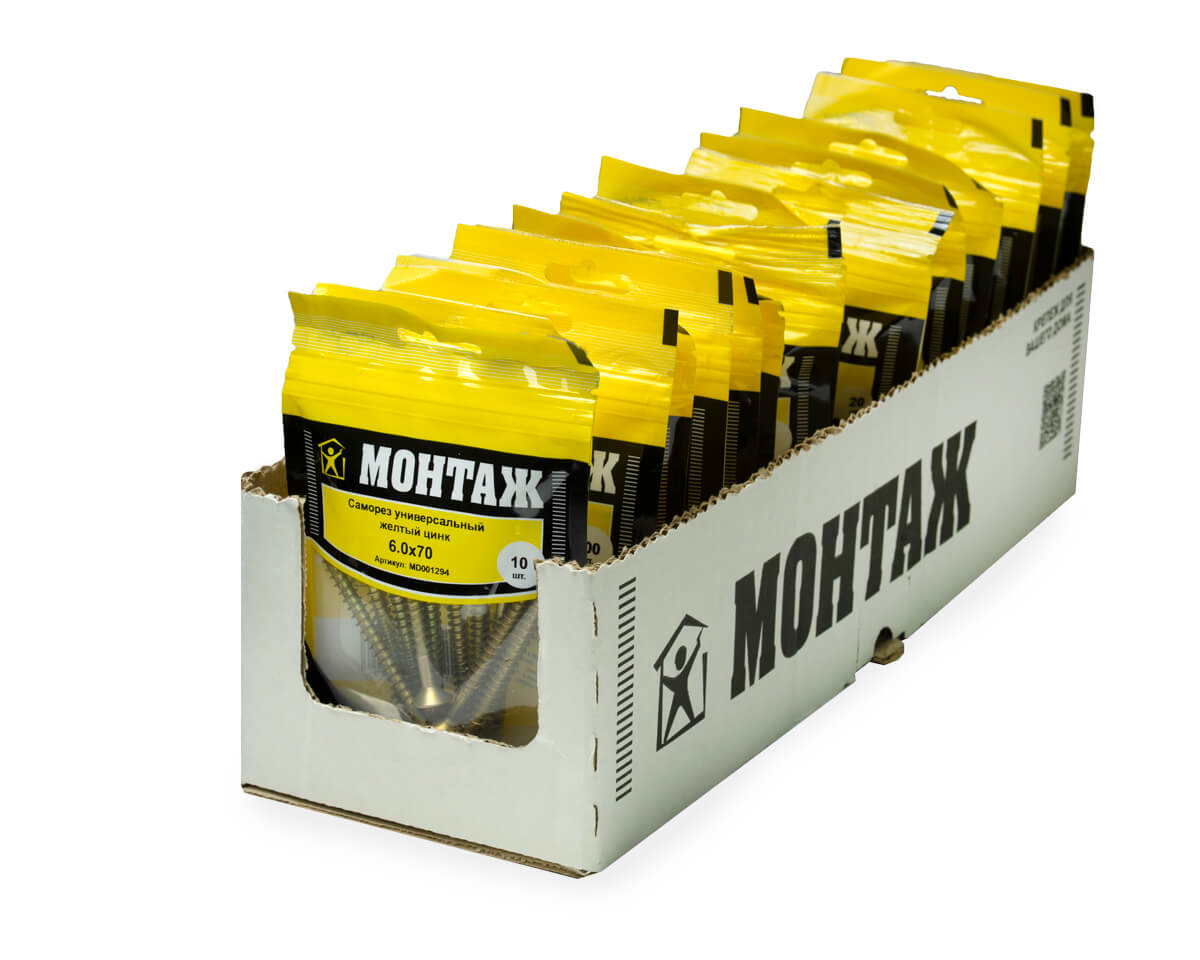 Саморез универсальный 6.0x70, желтый цинк, дой-пак S, МОНТАЖ (пакет/10шт)