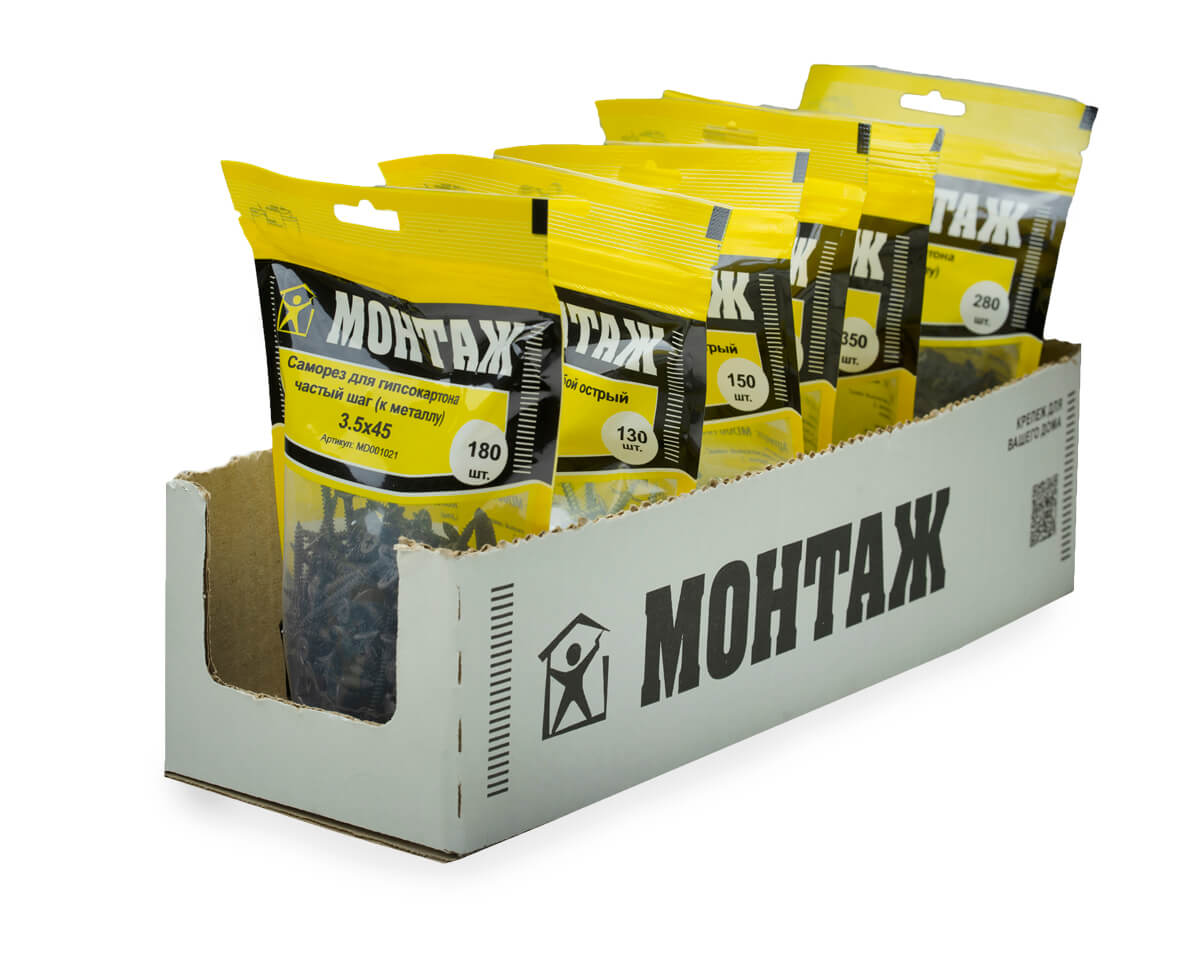 Саморез для гипсокартона 3.5x45, частый шаг (к металлу), фосфат, дой-пак M, МОНТАЖ (пакет/180шт)