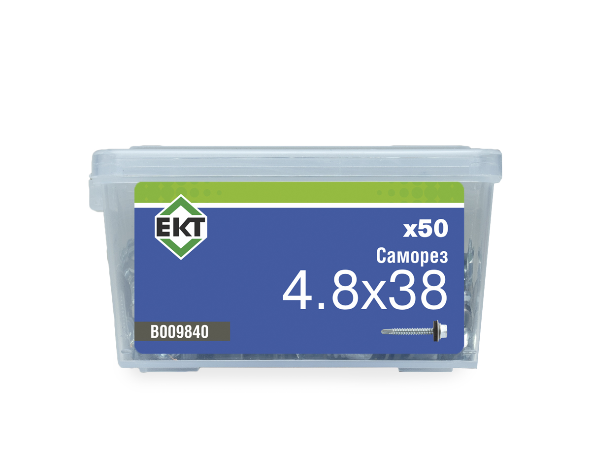 Саморез кровельный 4.8x38 сверло PT3, цинк, с резиновой прокладкой, ЕКТ (пласт.конт./50шт)