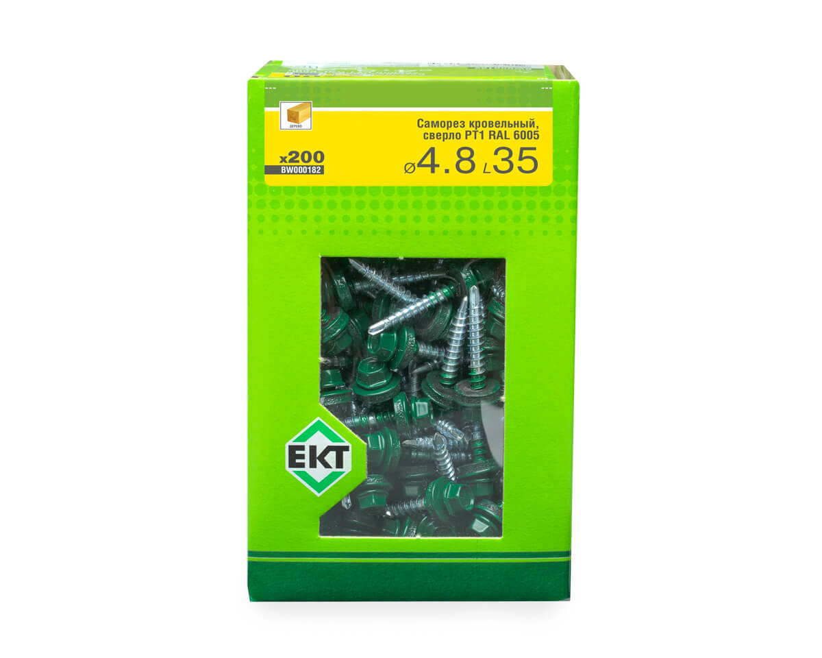 Саморез кровельный с резин. прокл. 4.8x35, сверло PT1, RAL6005, в коробке с окном, ЕКТ (упак/200шт)