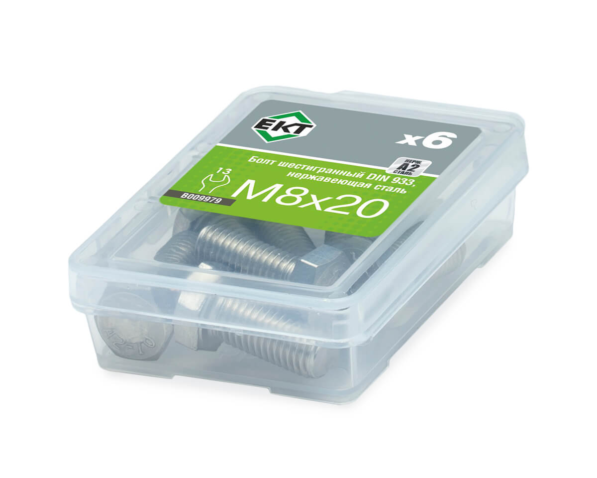Болт с шестигранной головкой M8х20, DIN933, НЕРЖ. СТАЛЬ, ЕКТ (упак/6шт)