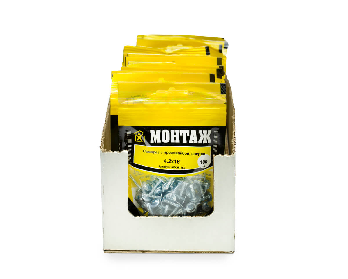 Саморез с прессшайбой 4.2x16, сверло, цинк, дой-пак S, МОНТАЖ (пакет/100шт)