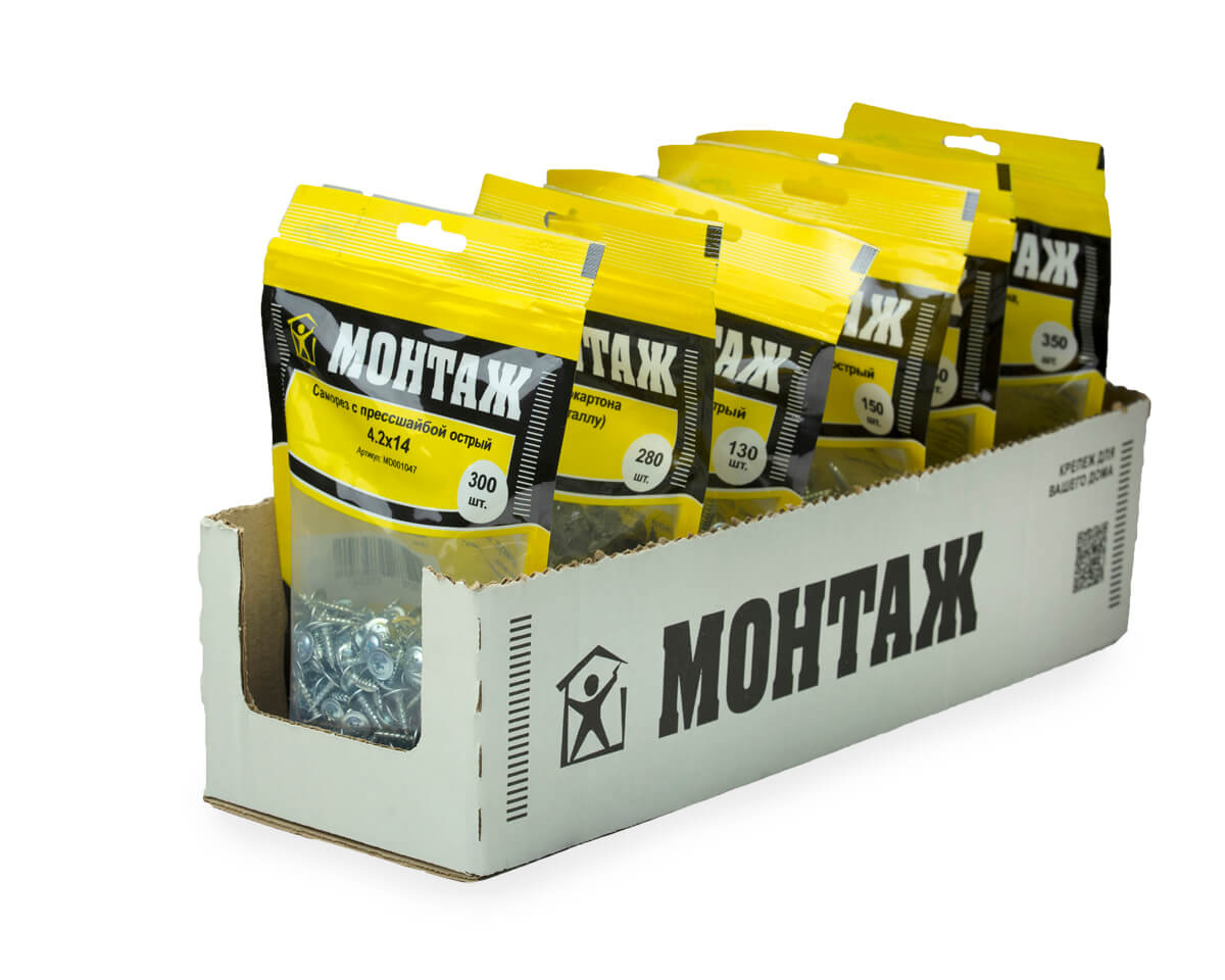 Саморез с прессшайбой 4.2x14, острый, цинк, дой-пак M, МОНТАЖ (пакет/300шт)