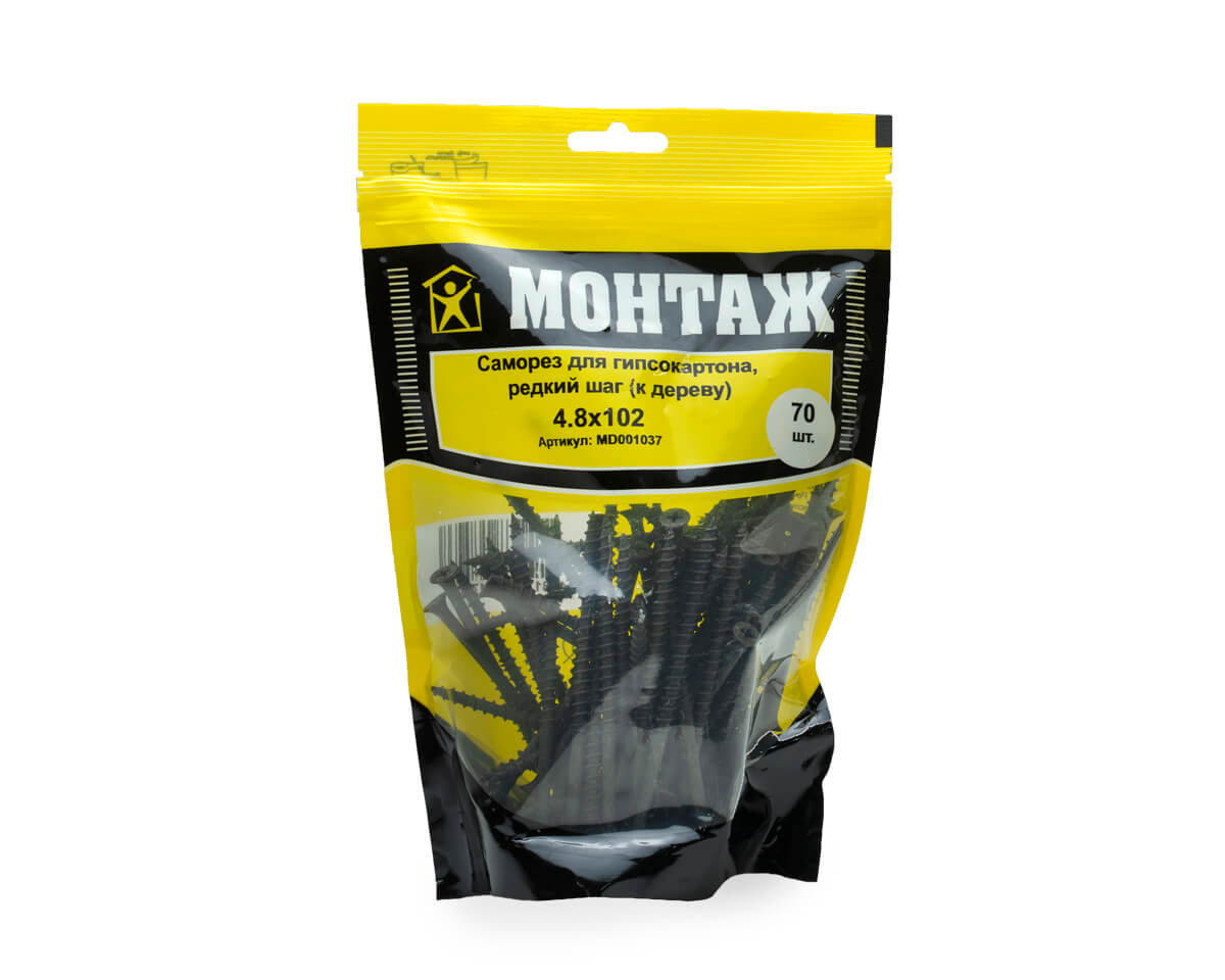 Саморез для гипсокартона 4.8x102, редкий шаг (к дереву), фосфат, дой-пак L, МОНТАЖ (пакет/70шт)