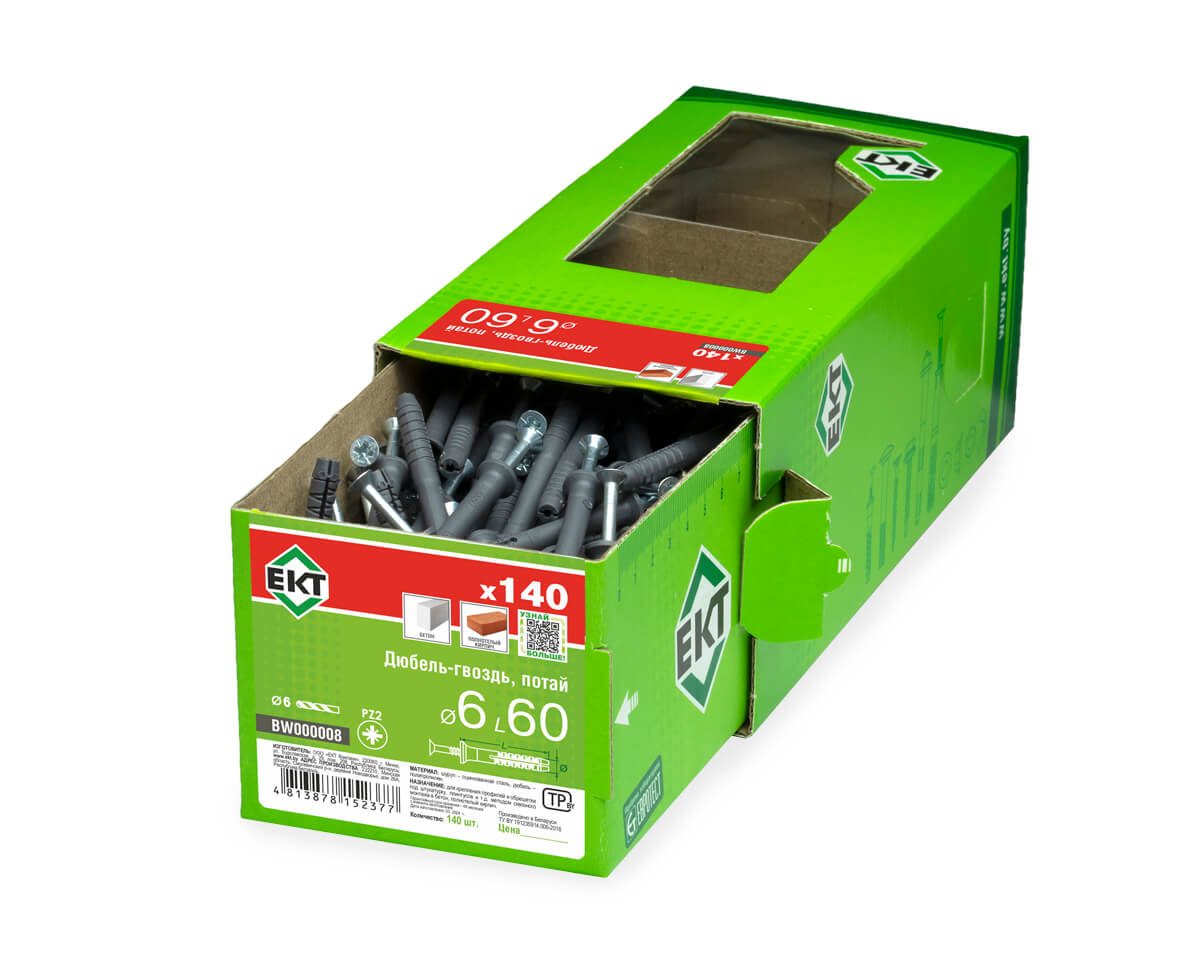 Дюбель-гвоздь GL, 6x60 потай, п/п, ЕКТ (кор. с окном/140шт)