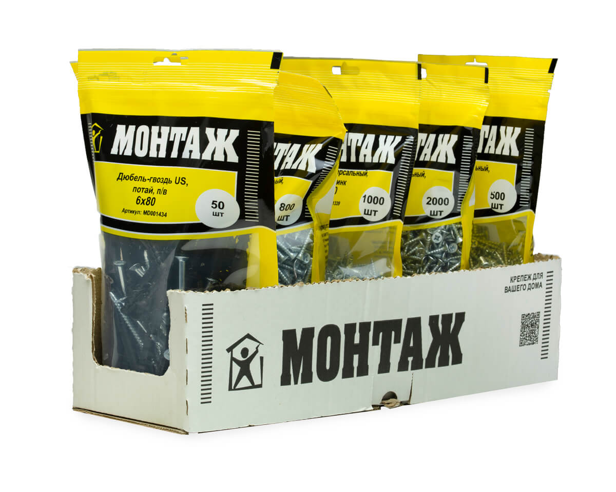Дюбель-гвоздь US, 6x80 потай, п/в, МОНТАЖ (дой-пак L/50шт)