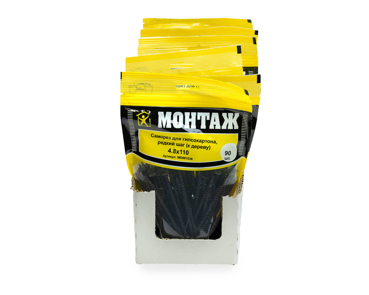 Саморез для гипсокартона 4.8x110, редкий шаг (к дереву), фосфат, дой-пак L, МОНТАЖ (пакет/90шт)