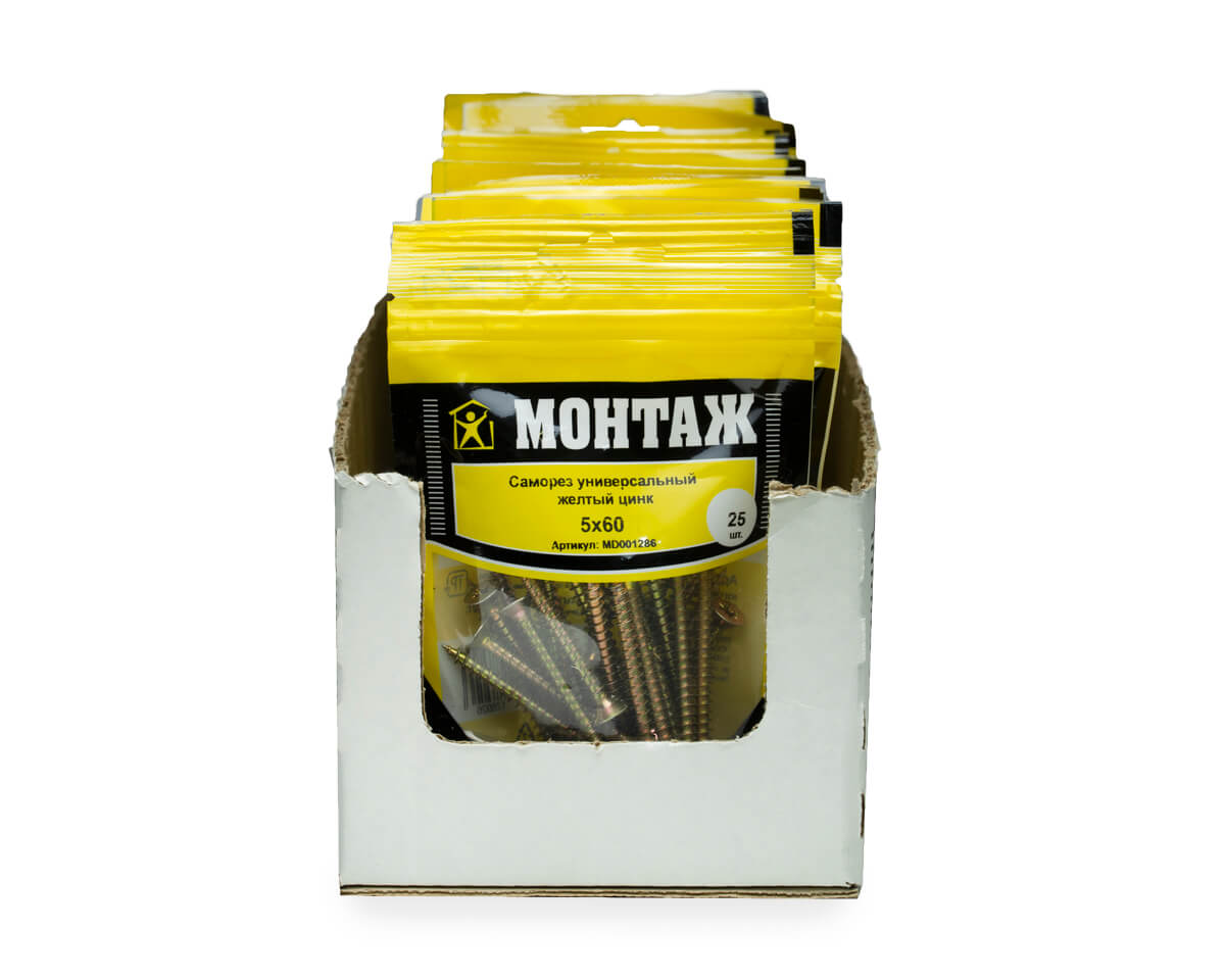 Саморез универсальный 5.0x60, желтый цинк, дой-пак S, МОНТАЖ (пакет/25шт)