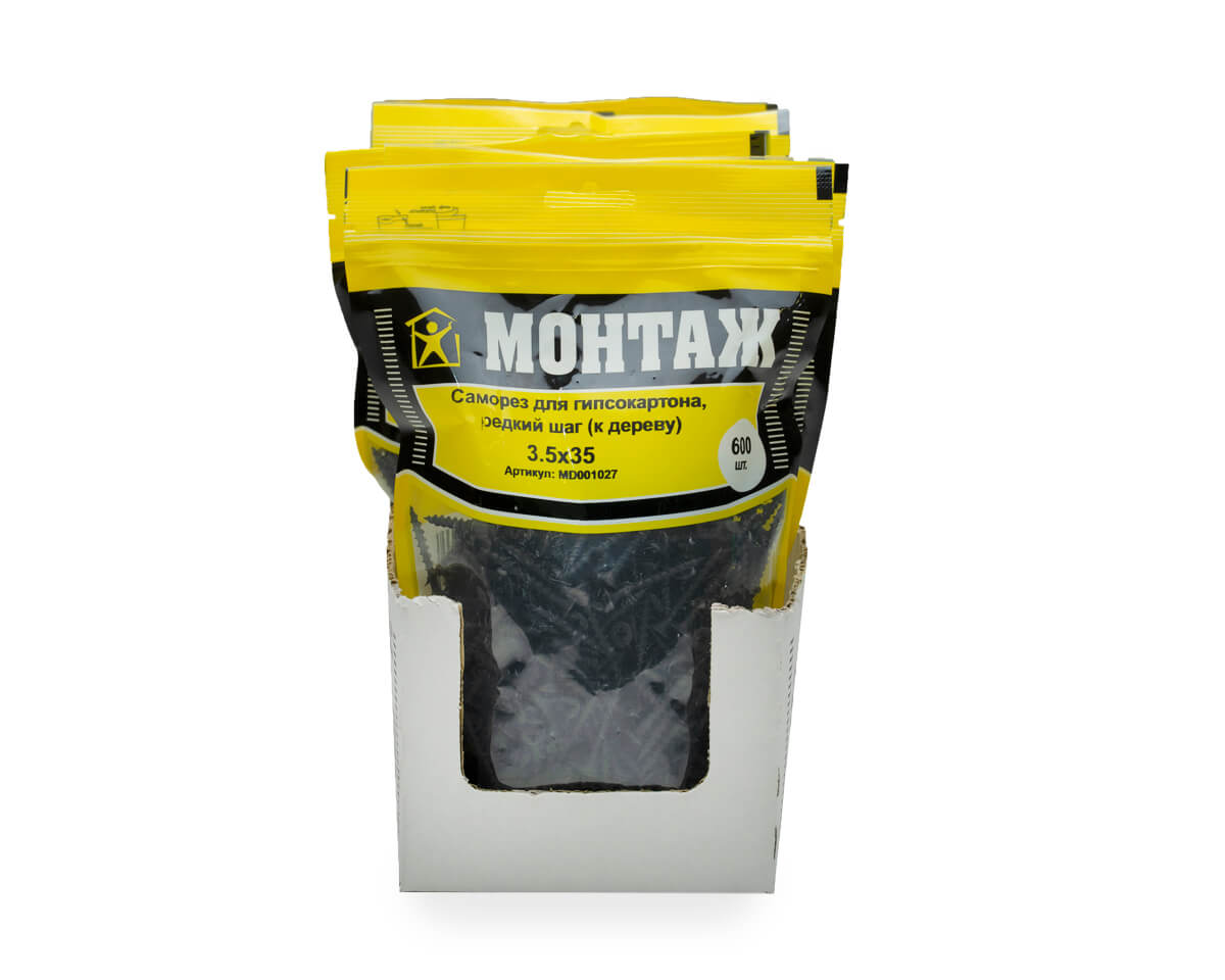 Саморез для гипсокартона 3.5x35, редкий шаг (к дереву), фосфат, дой-пак L, МОНТАЖ (пакет/600шт)