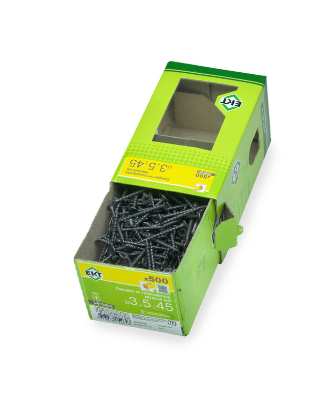 Саморез по ГК 3.5х45 крупный шаг (к дереву), фосфат., в коробке с окном, ЕКТ (упак/500шт)
