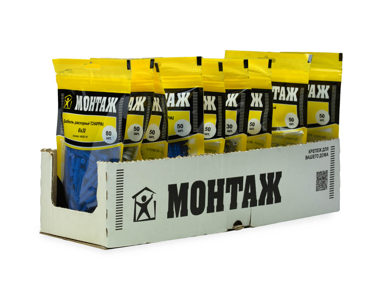 Дюбель распорный 6х30 TCHAPPAI, полипропилен, дой-пак M, МОНТАЖ (пакет/80шт)
