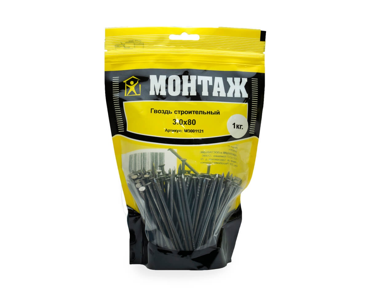 Гвоздь строительный 3.0x80, дой-пак L, МОНТАЖ (пакет/1кг)