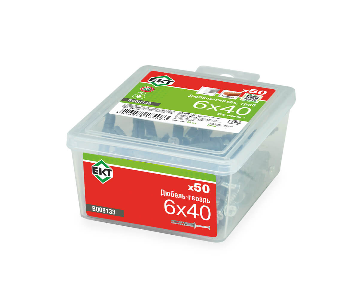 Дюбель-гвоздь GL, 6x40 гриб, п/п, ЕКТ (пласт.конт./50шт)