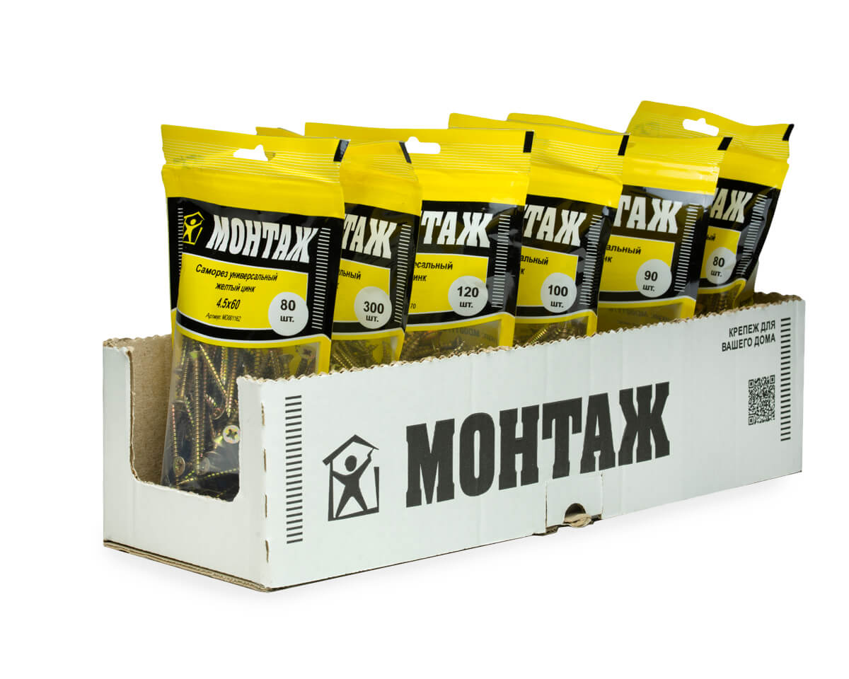 Саморез универсальный 4.5x60, желтый цинк, дой-пак M, МОНТАЖ (пакет/80шт)