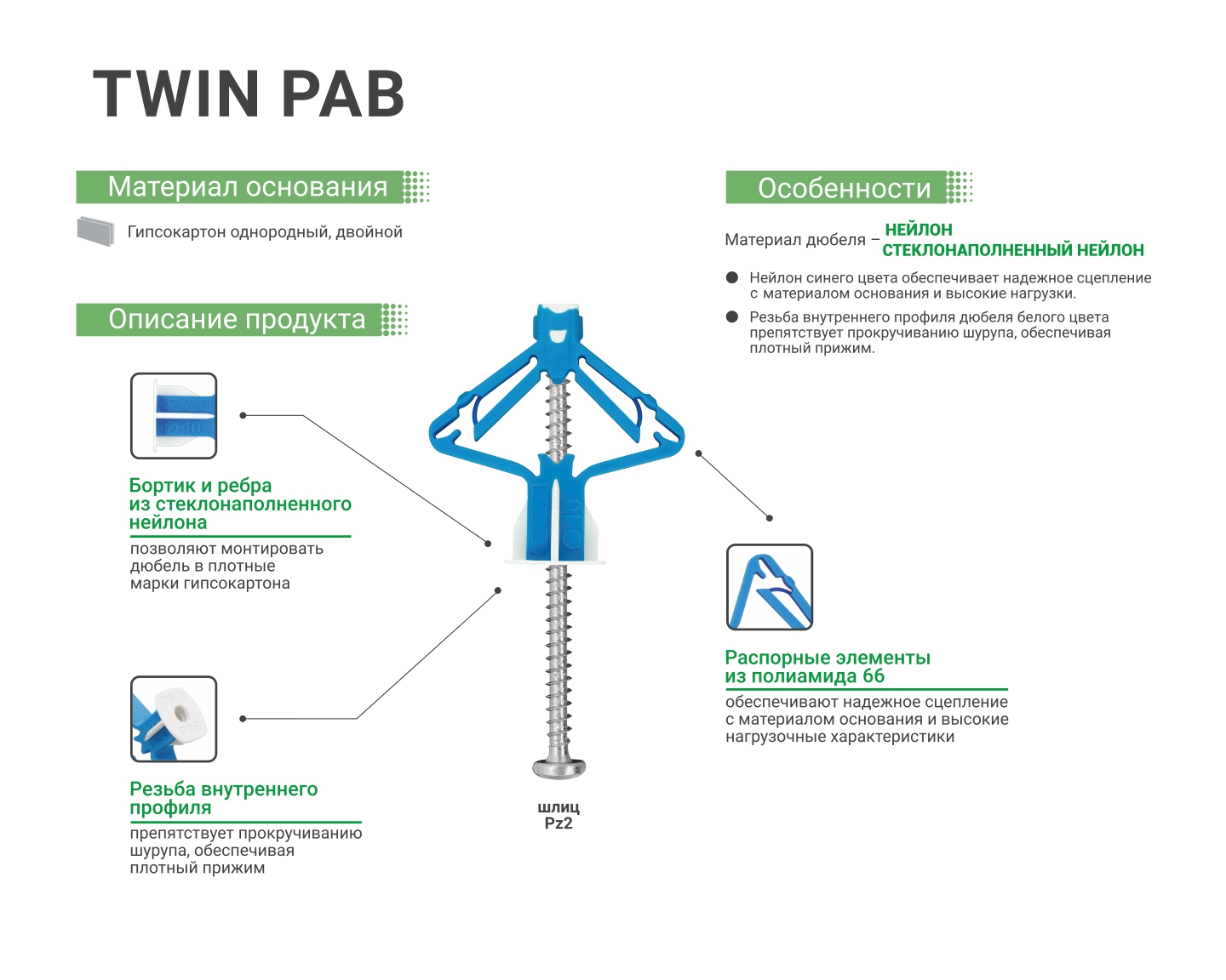Дюбель-бабочка для гипсокартона TWIN PAB 10x50, 2-х комп., нейлон, с шурупом, ЕКТ (мини-конт./4шт)