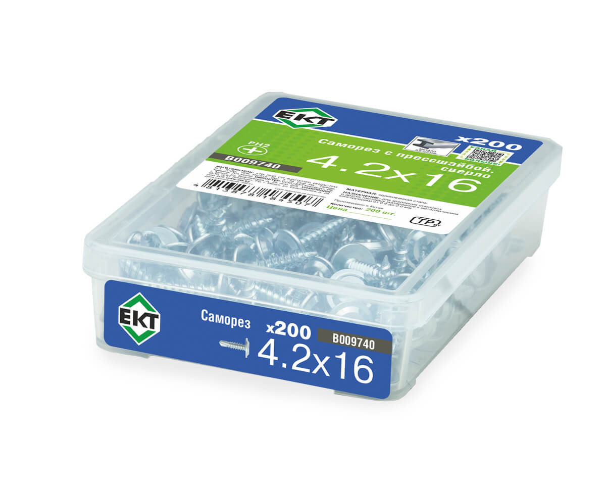 Саморез с прессшайбой, 4.2x16 сверло, цинк,в пласт.контейнере, ЕКТ (упак/200шт)