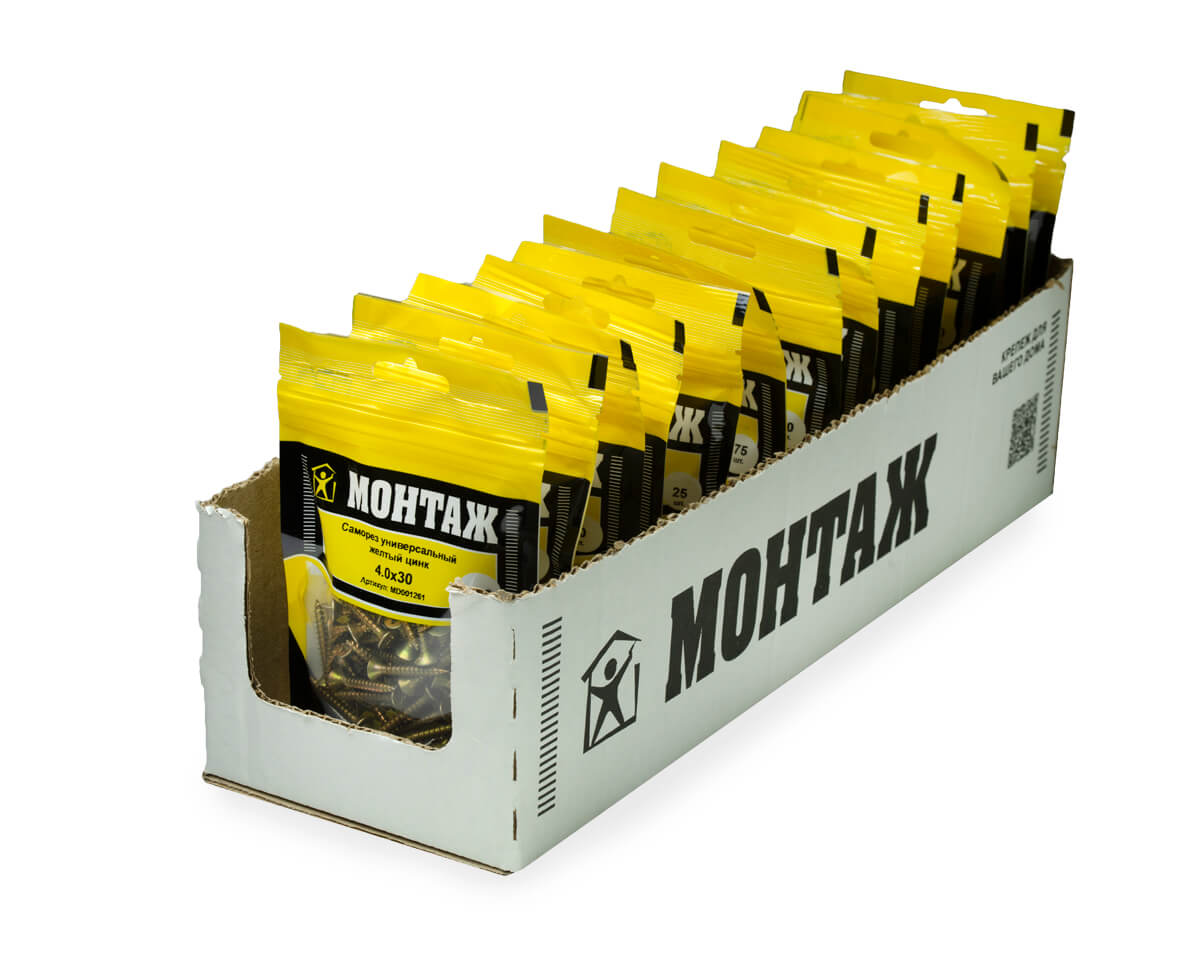 Саморез универсальный 4.0x30, желтый цинк, дой-пак S, МОНТАЖ (пакет/60шт)